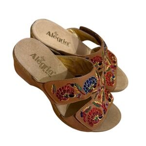 Alegria By PG Lite Floral Embroidered Wedge Sandals Tan‎ Leather Women Size 38
